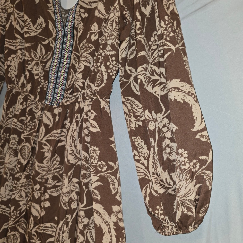 Rusttydustty Maxi Dress Small Womens Brown Floral Tiered Boho Embroidered V-Neck - Picture 2 of 11